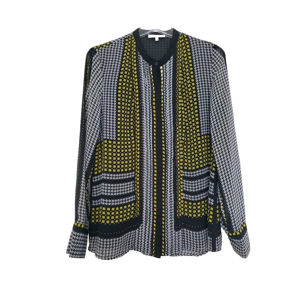 Calvin Klein Blouse Top Womens Mandarin Collar, Button Down, Yellow Blk, Small